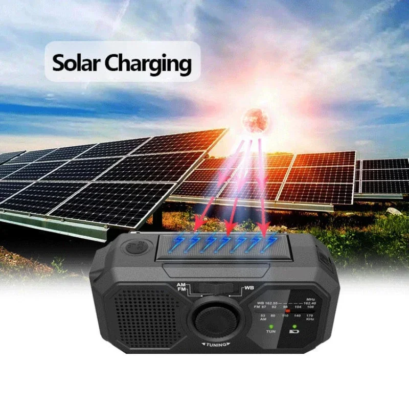 راديو طوارئ متعدد الوظائف يعمل بالطاقة الشمسية AM/FM/WB مصباح يدوي قابل لإعادة الشحن #6