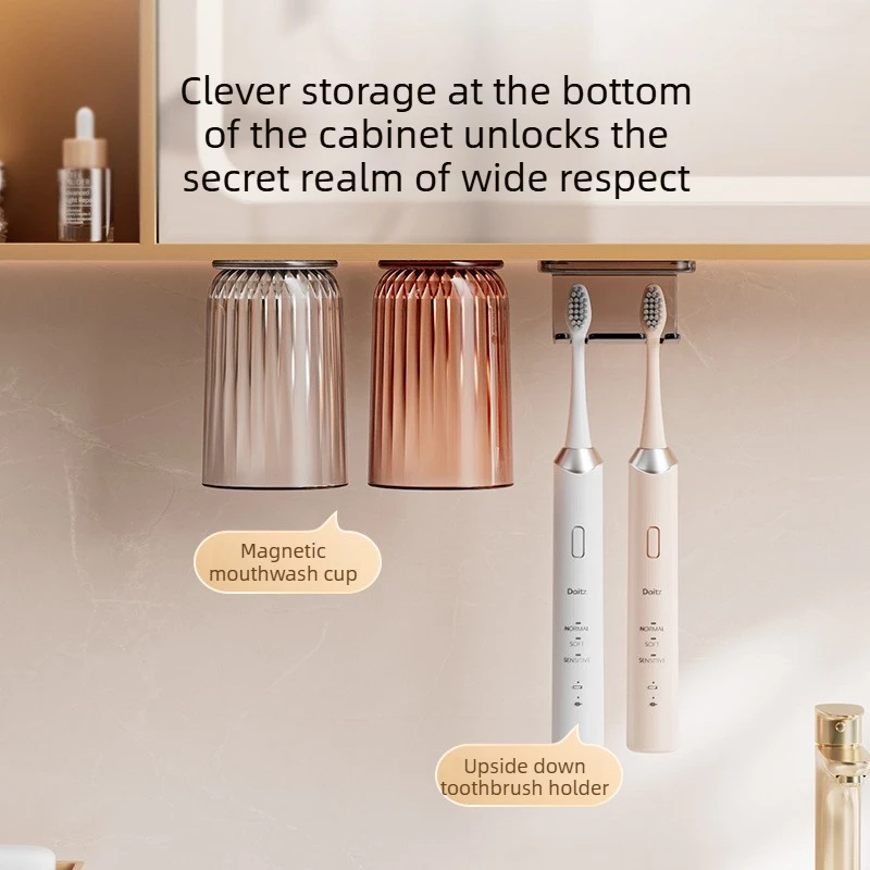 No-Drill Magnetic Mouthwash Cup Holder Suction Cup Hanging Toothbrush Rack Bathroom Organizer for Home Mirror Cabinet Dorm