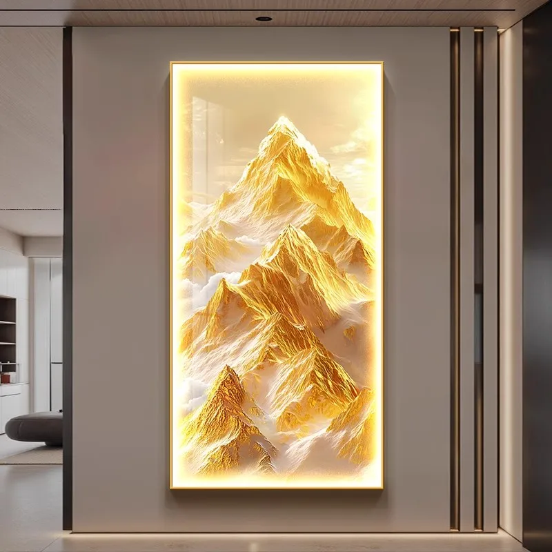 Golden Mountain Peak 2025 Modern LED Lighting Hanging Painting Crystal Porcelain Landscape Wall Art Gold Aluminum Frame Vertical