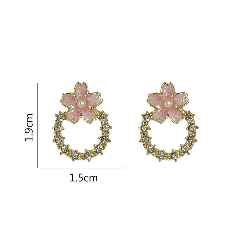 Japanese And Korean Pink Cherry Blossom Rhinestone Pearl Earrings For Women Cute Sakura Petals Ear Study Trendy Jewelry Gift