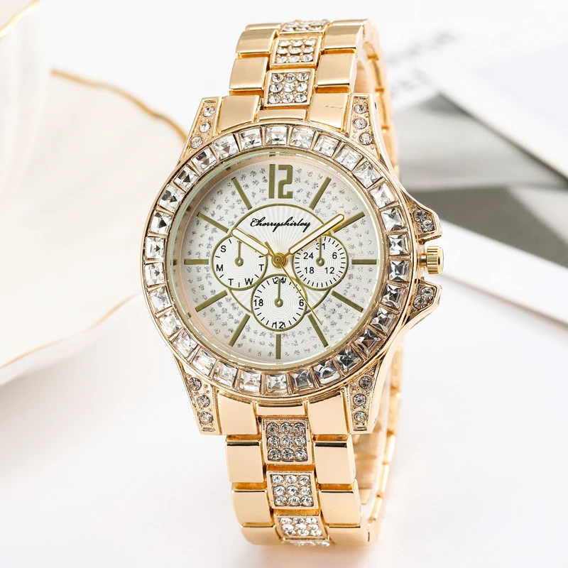 Fashion Luxury Women's Watch Rose Gold Diamond Steel Strap Watch Ladies Watch Fake Three Eyes Casual Quartz Watch Female Watches