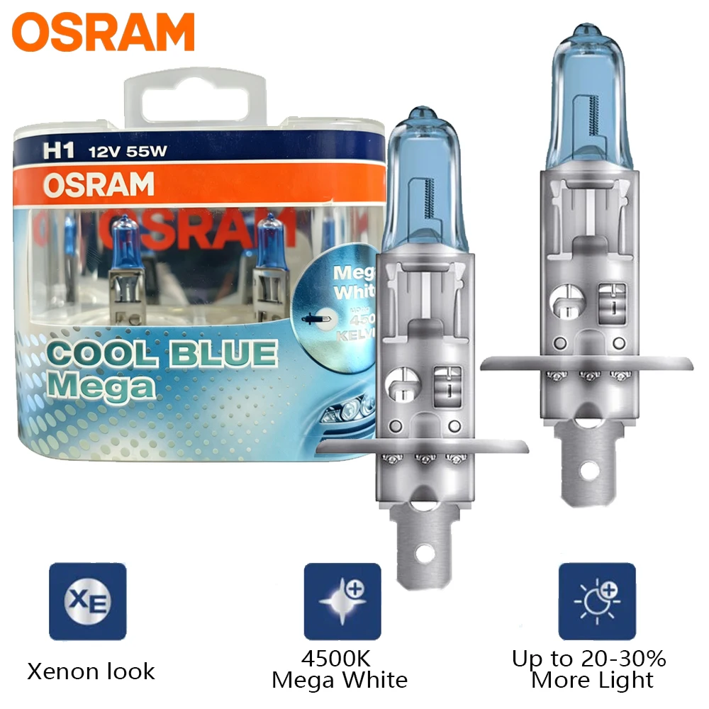 OSRAM H1 Halogen Headlight Car Light 4500K Original Genuine 12V Cool Blue Mega 55W Brightening +20%  62150CBM,1 PAIR