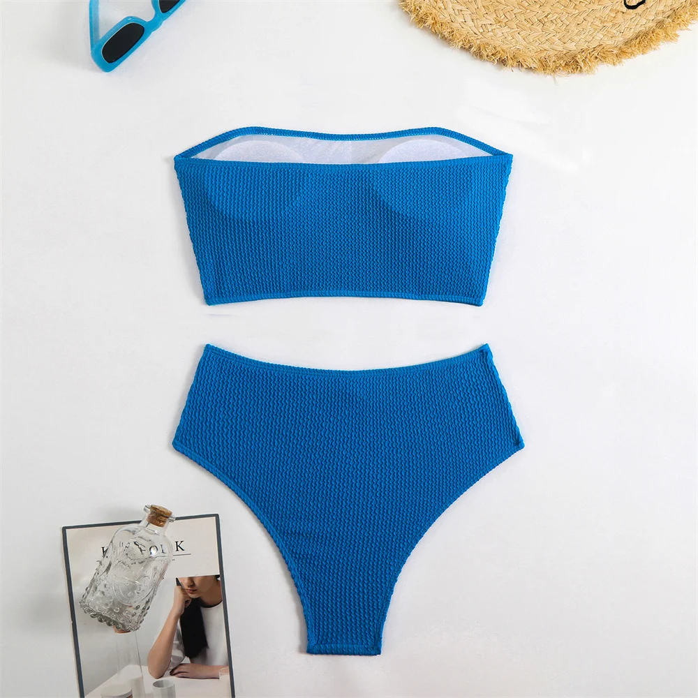 High Waist Bikini Strapless Bandeau Swimsuit Ribbing Vacation Swimwear Solid Bathing Suit Women Beach Outfit Traje De Bano Mujer