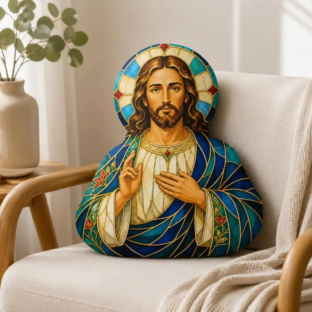 Jesus Shaped Throw Pillow Christian Stained Glass Plush Cushion Religious Prayer Room Decor Church Gift Stuffed Sofa Pillow