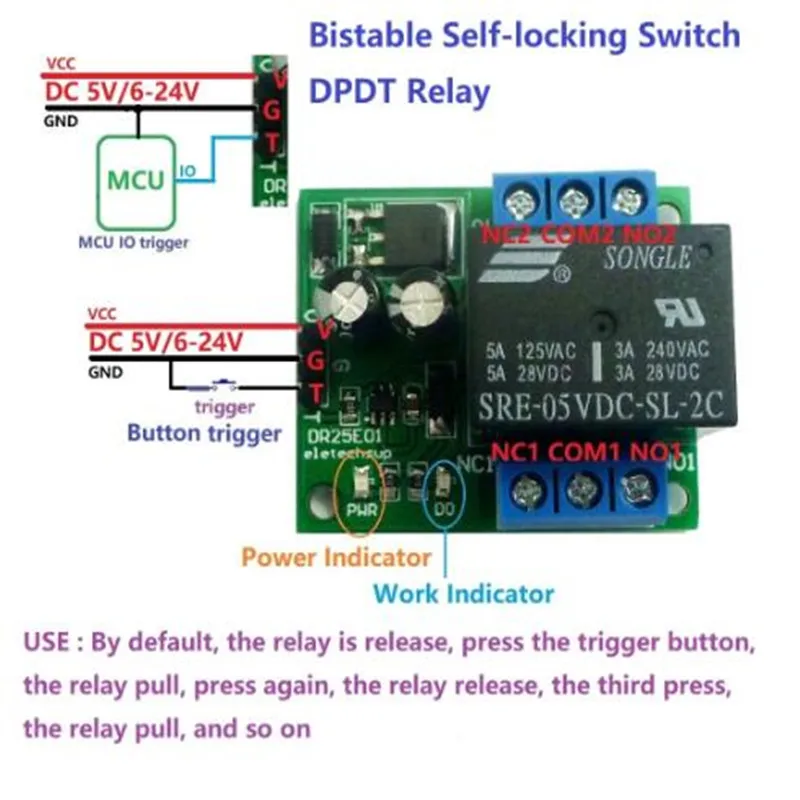 1PCS DR25E01 DC 5-24V 3-5A 플립 플롭 래치 DPDT 릴레이 모듈 Arduiuo MEGA AVR LED 용 쌍안정 자동 잠금 이중 스위치 보드
