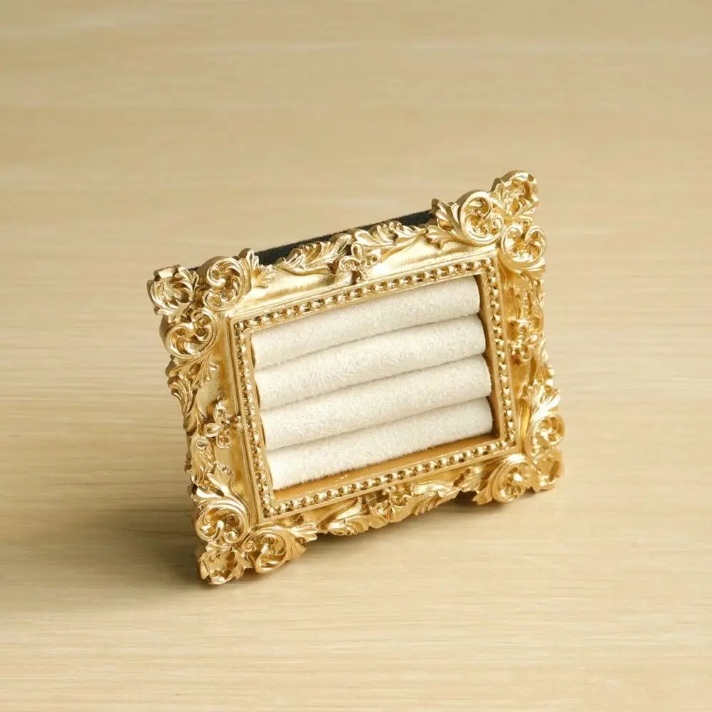 

Vintage Gold Ring Display Stand Baroque Design Photo Frame Suede Earring Tray Ring Holder Velvet Organizer Jewelry Display Rack
