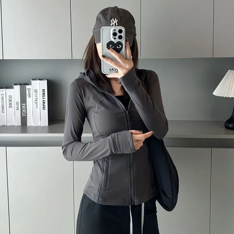 Women Define Hooded Jacket Sports Jacket With Pockets High Elastic Fitness shaping Running Zip Up Jackets Workout Coat Top sudad