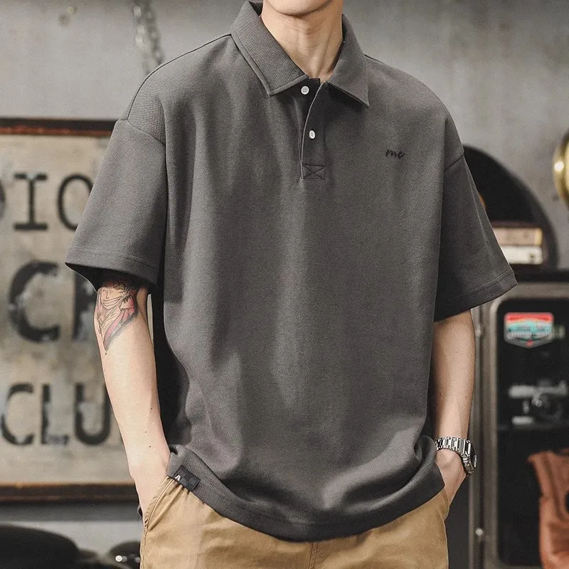 American Retro POLO Shirt Men's Summer Minimalist Style Heavyweight Men's Loose Plus-size Short-sleeved T-shirt Casual Fashion