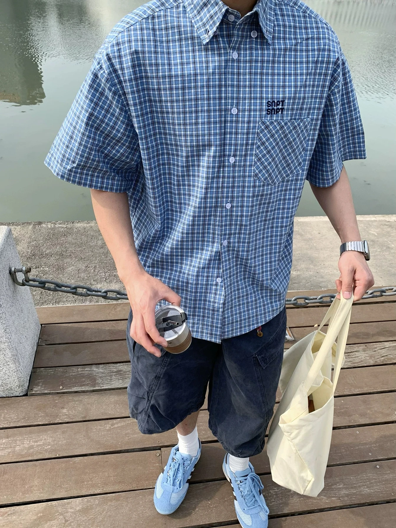 

Summer Blue Plaid ort Sve Casual Loose ex irt Korean Sle Loose Fit Versatile irt for Men And Women