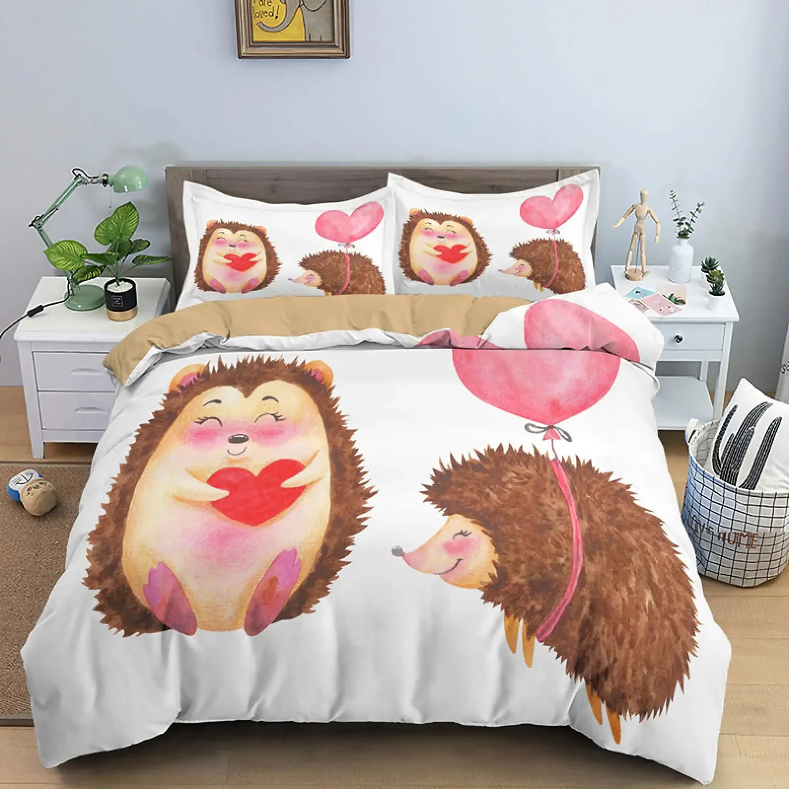 Hedgehog Duvet Cover Mushroom for Boys Teens Cute Cartoon Wild Animal Pinecone Tree Leaf Quilt Cover Autumn Leaves Room Decor