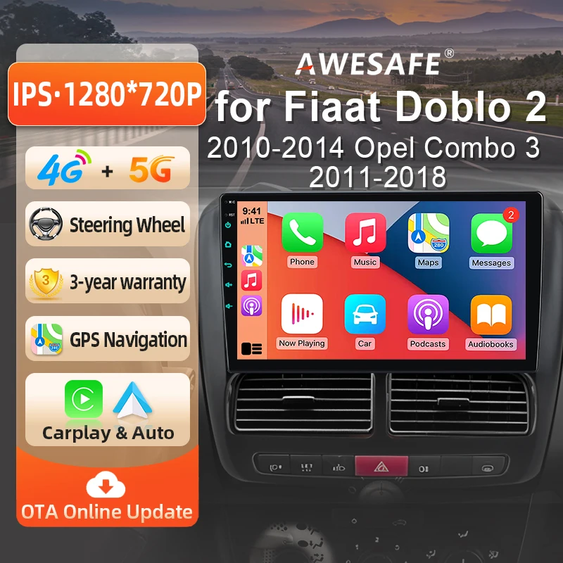 Autoradio Android AWESAFE 9 pouces pour Fiat Doblo 2 2010-2014 Opel Combo 3 2011-2018, CarPlay sans fil et Android Auto, navigation GPS, support multimédia, commande au volant, amplificateur de subwoofer, caméra arrière avec CAN-BUS Plug and Play, autoradio numérique DAB+ 2 DIN RDS