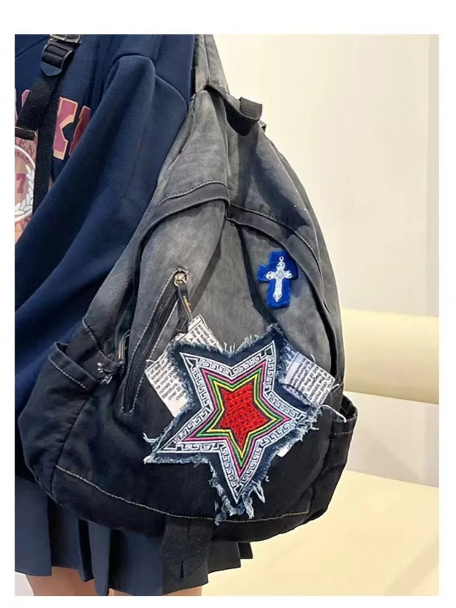 Millennial Gradient Denim Large Capacity Backpack for Women Student Bookbag Dual Shoulder Bag Soft Material Commuter Style Wa...
