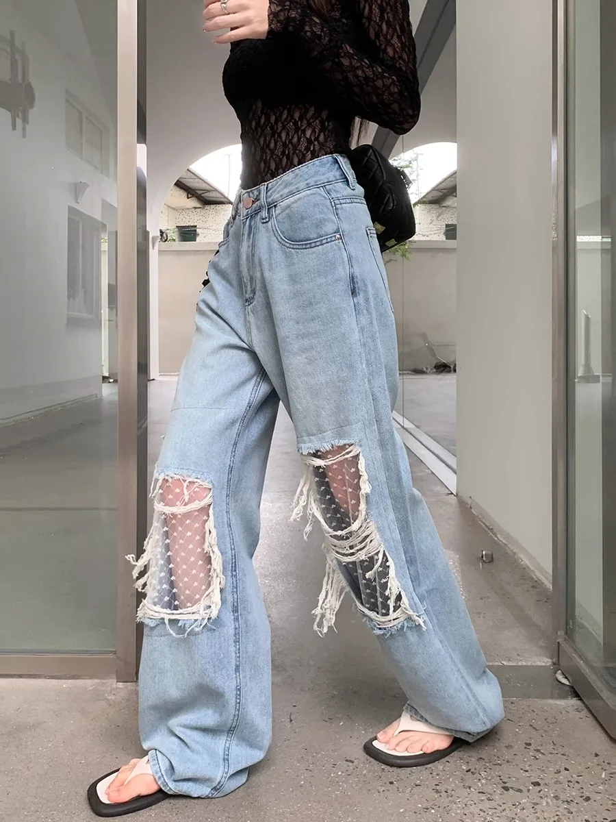 Women Lace Stitch Destroyed Baggy Y2K Jeans Retro Blue Light Wash High Waist Raw Edge Wide Leg Casual 2000S Pants Korean Clothes