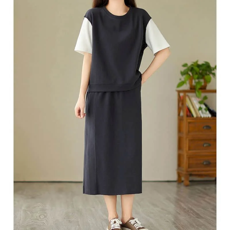 

Dresses Sets High Street Patchwork Fake Two Pieces T-shirts and Solid Mid-calf Skirts Casual Loose Two Piece Set Women Outfits