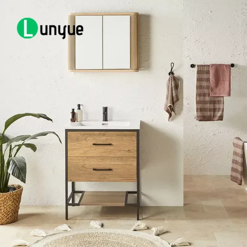 Modern European Floor to Ceiling Bathroom Vanity Oak Finish 2 Soft Close Drawers Shelf Storage Cabinet for Home Bathroom