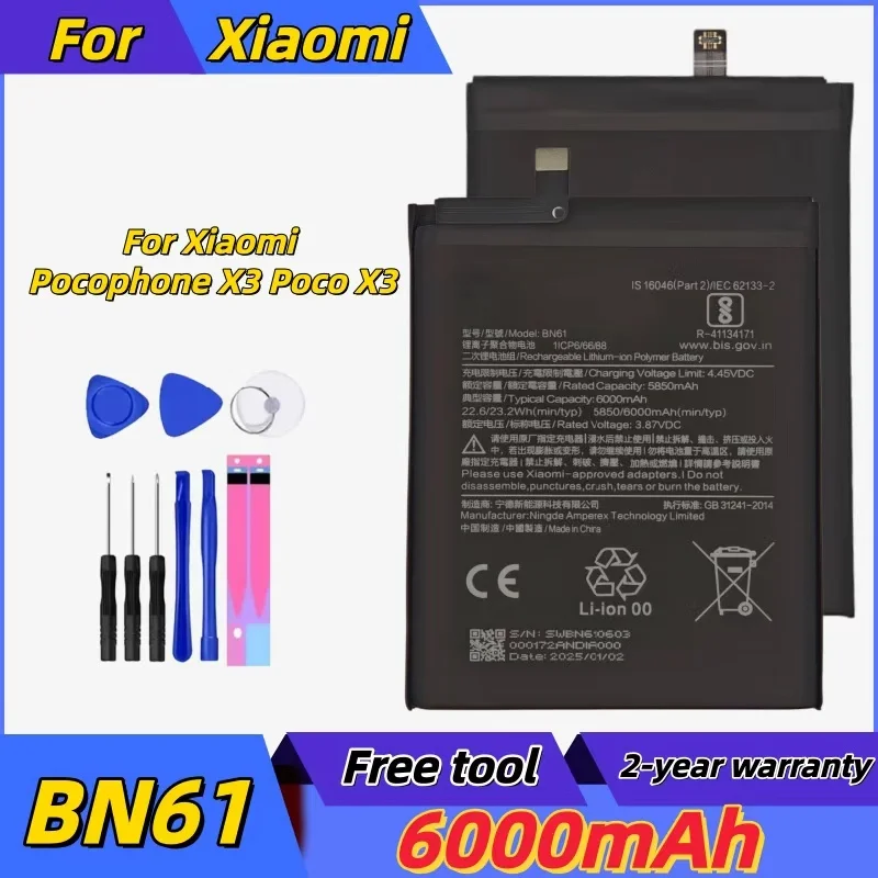 

BN61 6000mAh Lithium Polymer Battery For Xiaomi Pocophone X3 POCO X3 Replacement Phone Batteries + Tools