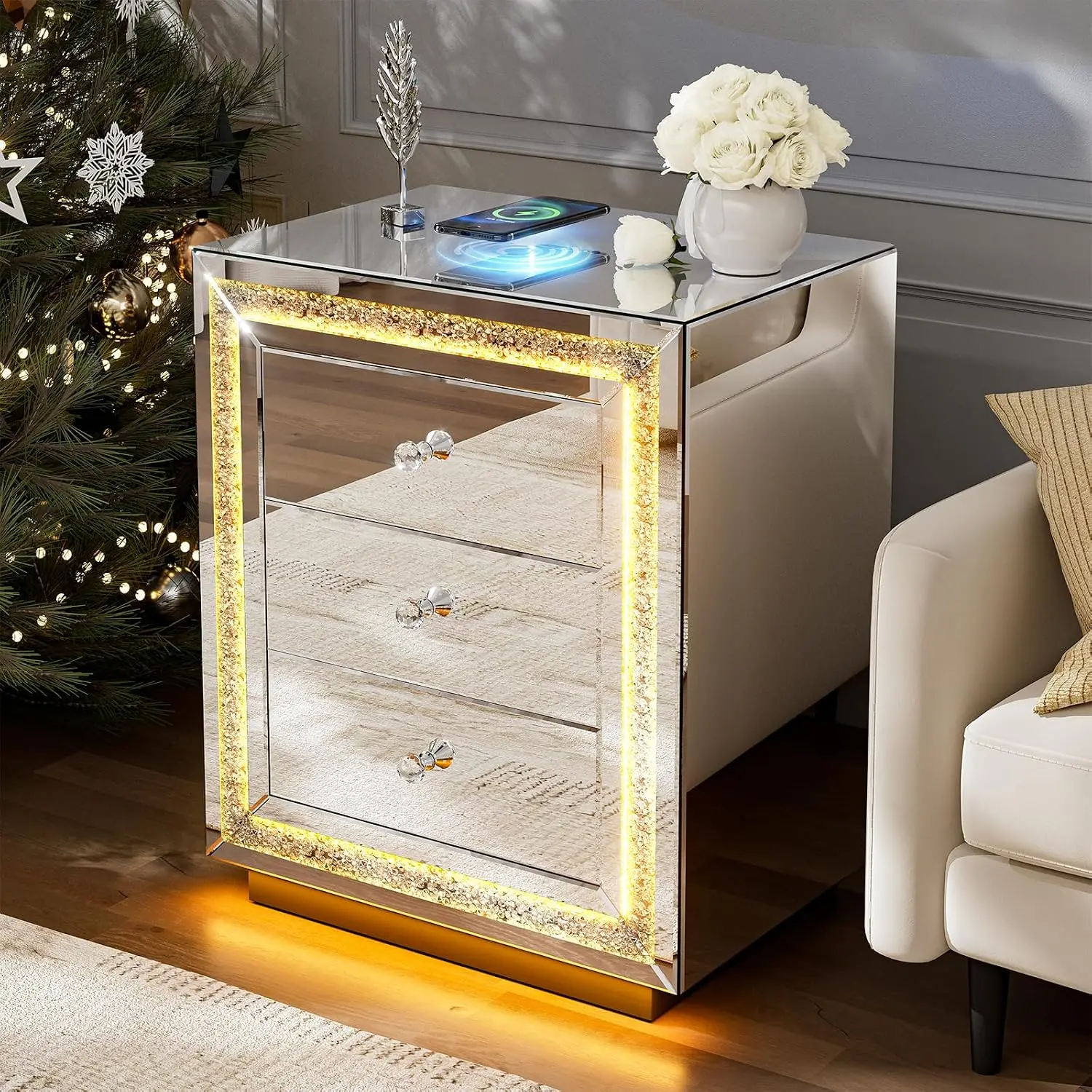 Mirrored Nightstand with LED Light & Wireless Charging, 3 Drawers | Crushed Diamond Bedside Table with 3 Drawers, Customized
