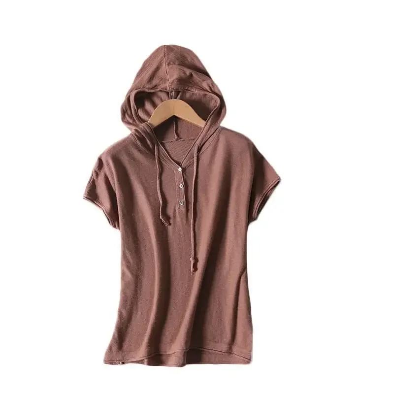 

Женская футболка из 100% хлопка, вязаная футболка с капюшоном, корейские свободные толстовки с короткими рукавами, хлопковые и льняные футболки с v-образным вырезом, новинка лета 2023 г.