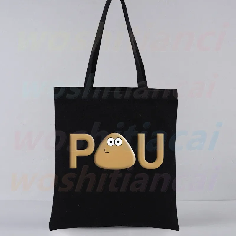 Hot Game My Pet Alien Pou Black Canvas Bag Casual Large Hand Bags For Women Ladies Shopping Handbag Print Large Capacity Bag