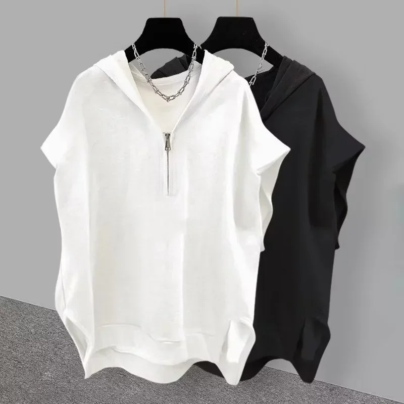 Summer Men's Zip up Sleeveless Hooded T-shirt 2024 New Korean Fashion Tank Tops Y2K Streetwear Casual Vests Hip Hop Tee Shirts image 2
