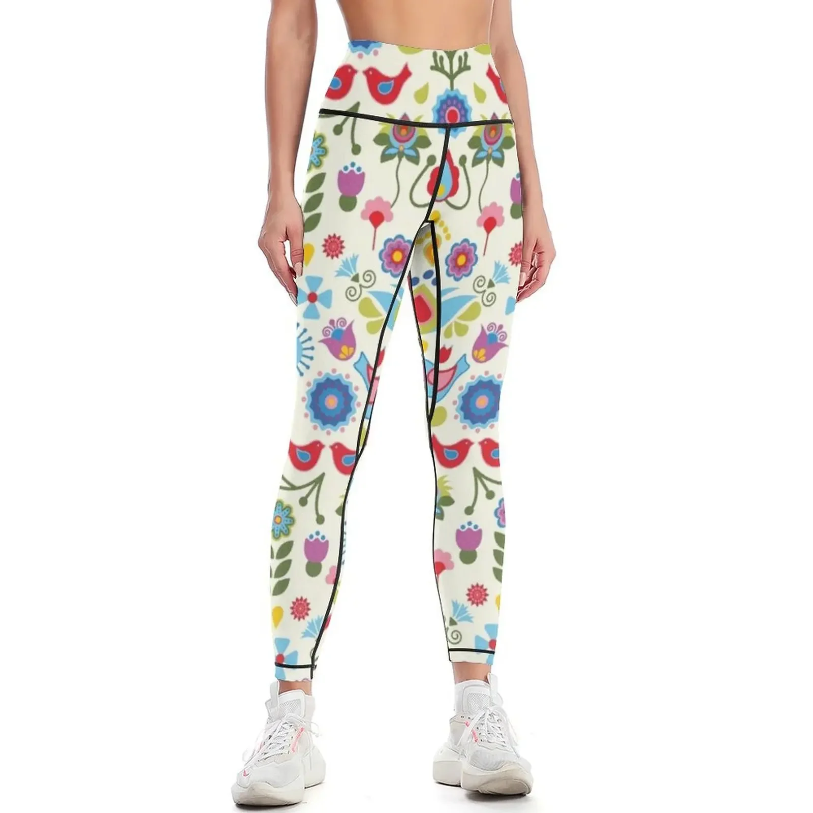 

Scandinavian folk art birds and blooms Leggings legging gym Sweatpants flared sporty woman gym Womens Leggings