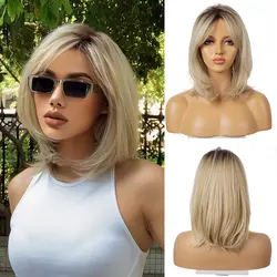 Ombre Light Blonde Wig with Bangs Natural Hairline Middle Length Synthetic Wig  for White Women Daily Use