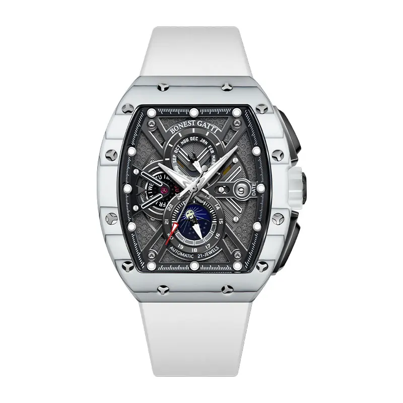 

Мужские автоматические часы BONEST GATTI 45 мм, механические наручные часы Tonneau с карбоновым корпусом, светящимся многофункциональным циферблатом, отображением месяца, дня недели, даты и 24-часового формата времени
