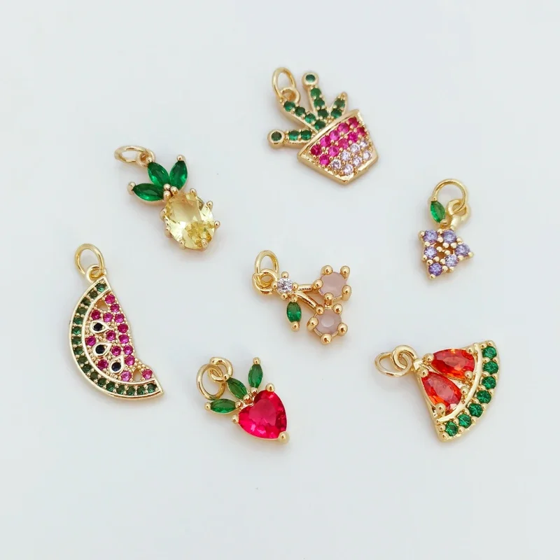 

Красочные циркониевые фрукты, 14-каратное золото, ананас, арбуз, виноград, клубника, вишня, небольшой браслет-подвеска, аксессуар «сделай сам»