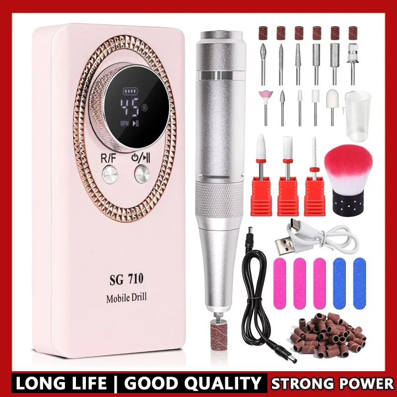 Portable Electric Nail Drill Machine 45000RPM Rechargeable Manicure Cutter with LCD Display for Acrylic Nail File