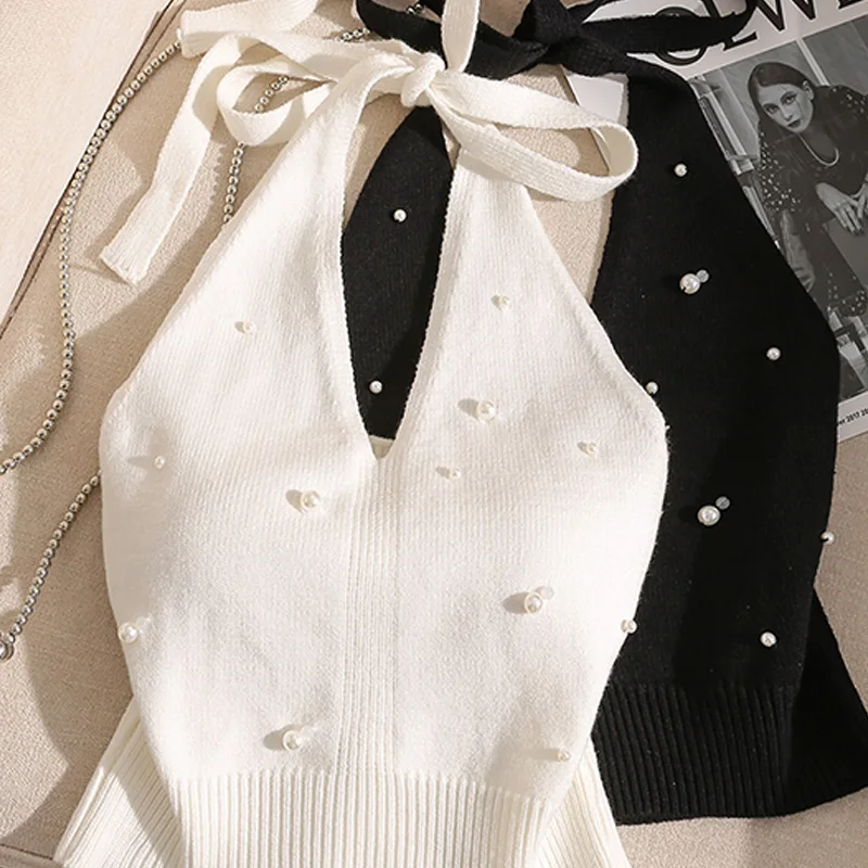Modische französische Perlenweste mit Neckholder-Ausschnitt und Knoten am Rücken, gestrickt, für Damen – Detail 2