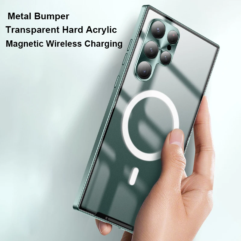 Magnetic Wireless Charging Case For Samsung Galaxy S22 Ultra S23 S24 Plus 1 S20 FE Metal Bumper Aluminum Transparent Phone Cover