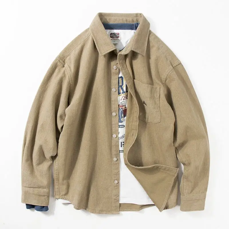 Men's Spring and Autumn 2026 Thick Loose Casual Shirt Jacket Japanese Retro Tooling Trendy Brand Long Sleeve Shirt Outer Wear