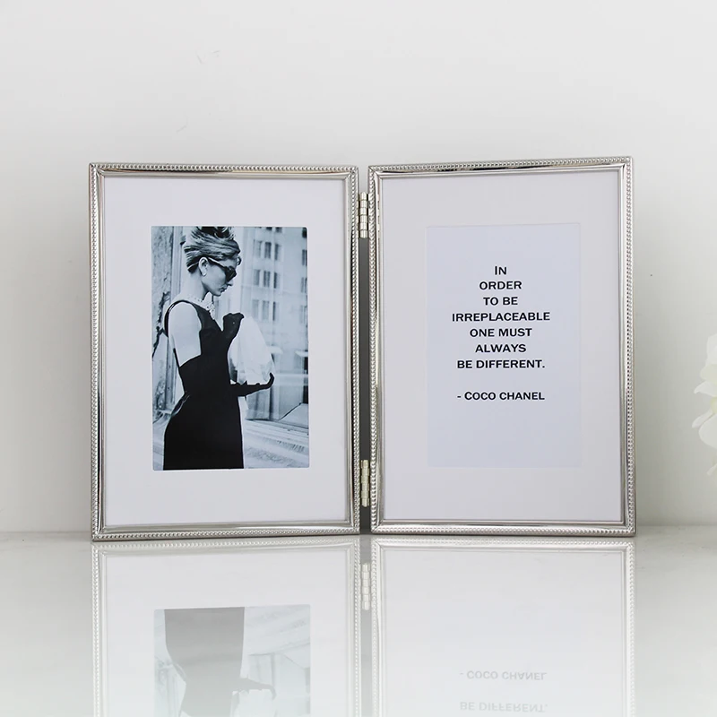 Hinged Double Simply Silver Metal Picture Frames, Elegant Silver Plated Metal Photo Frames for Desktop