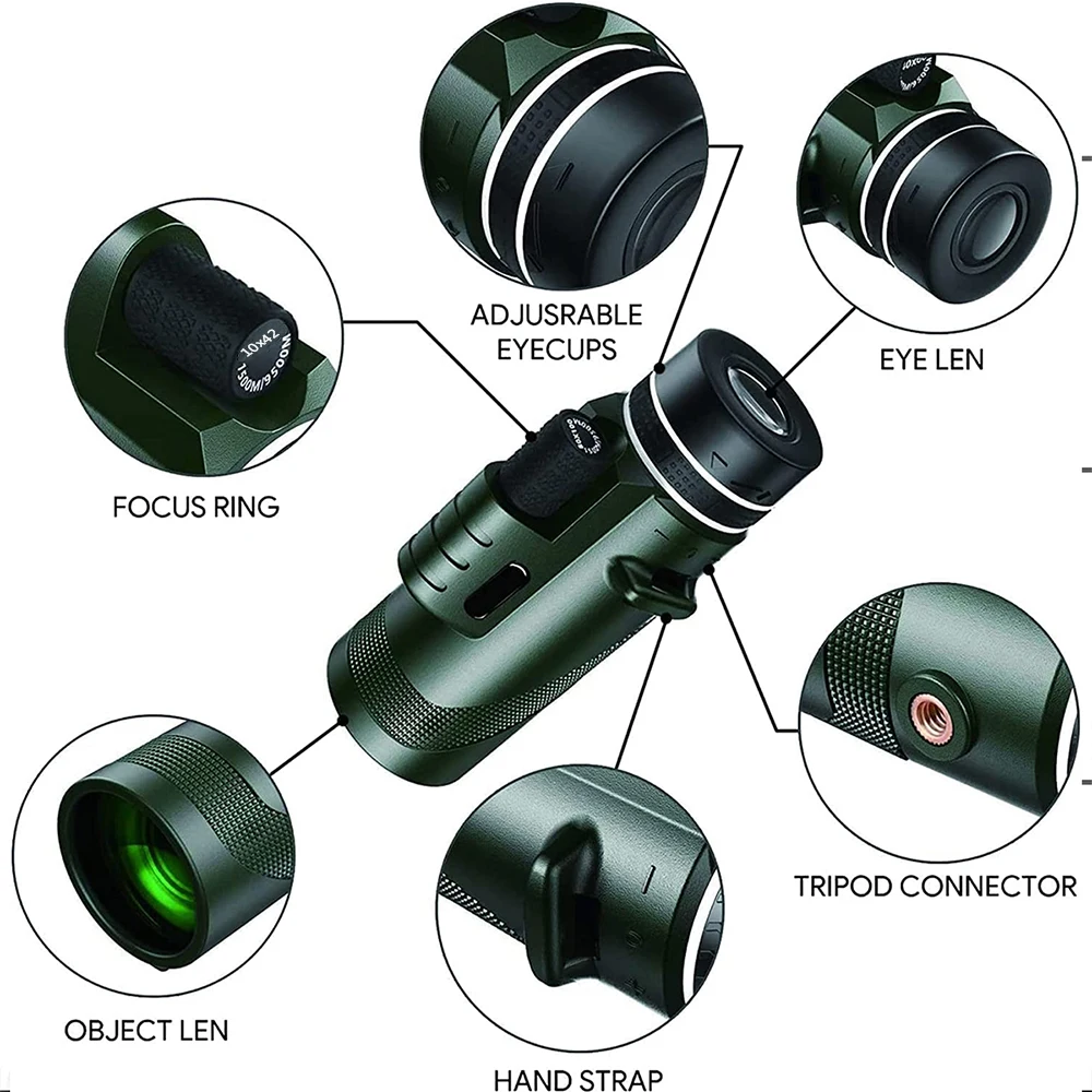 10X42 Portable HD Monocular Telescope Low-Light Night Vision with BAK4 Prism for Camping Hunting Hiking Birdwatching Adults Gift