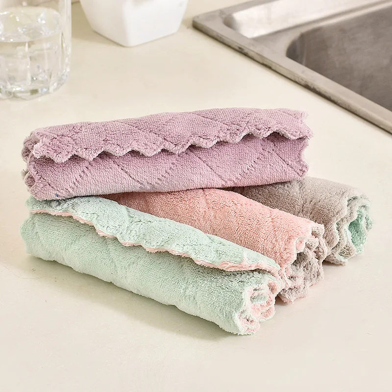 30pcs Kitchen Thickened Absorbent Rag Coral Velvet Non-stick Oil Two-color Hand Towel Wiping Tablecloth Dishcloth Cleaning Cloth