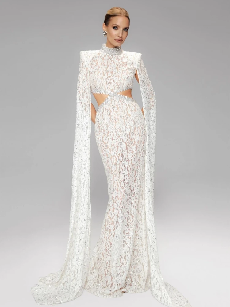 Sexy Hochgeschlossenes Pailletten-Blumen-Perlen-Spitzenkleid für Damen, Weißes Langes Kleid mit Cape-Ärmeln, Cut-Out-Design, Schlankes Maxikleid für Abendpartys