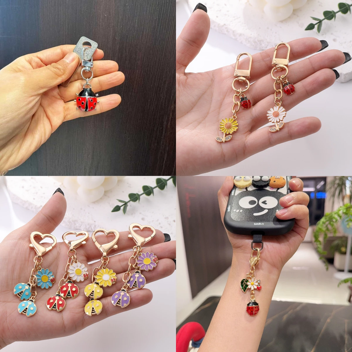 Cross border new ladybug keychain, alloy drip oil sunflower pendant, wholesale of girl's heart backpack accessories