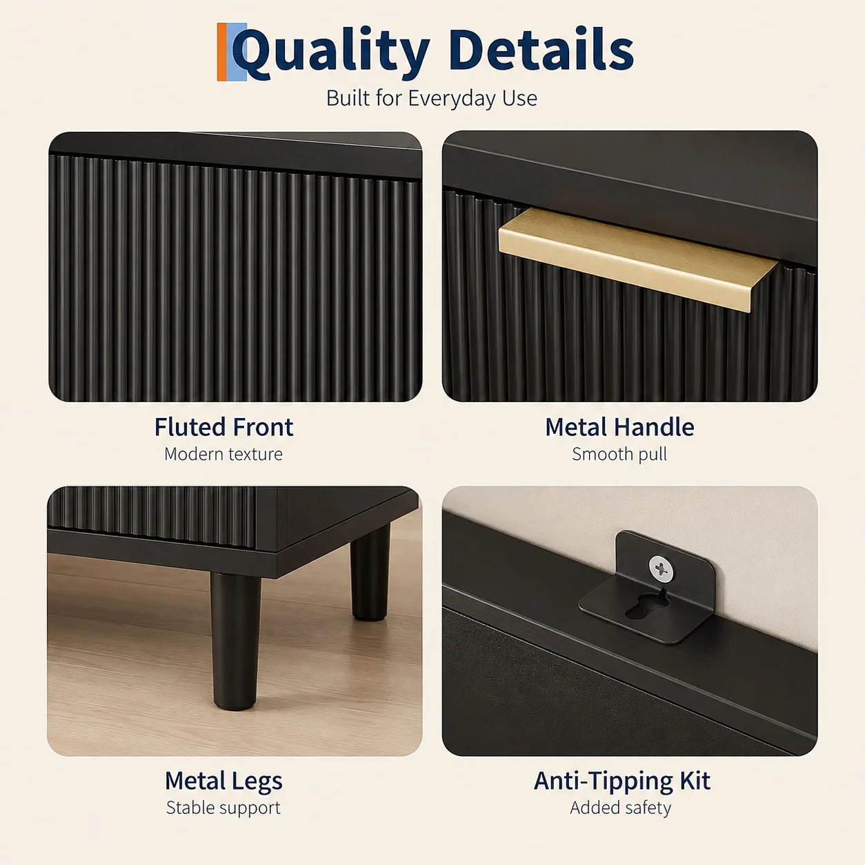 6 Drawer Storage Chest with Fluted Front Design, Wide Wood Dresser Cabinet with Metal Base for Home Organization image 6