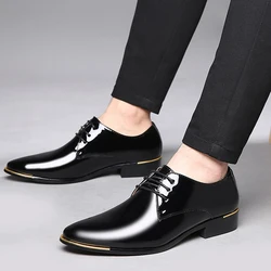 Classic Patent Leather Shoes for Men Dress Shoes Plus Size Point Toe Formal Oxfords Lace Up Business Casual Footwear for Male