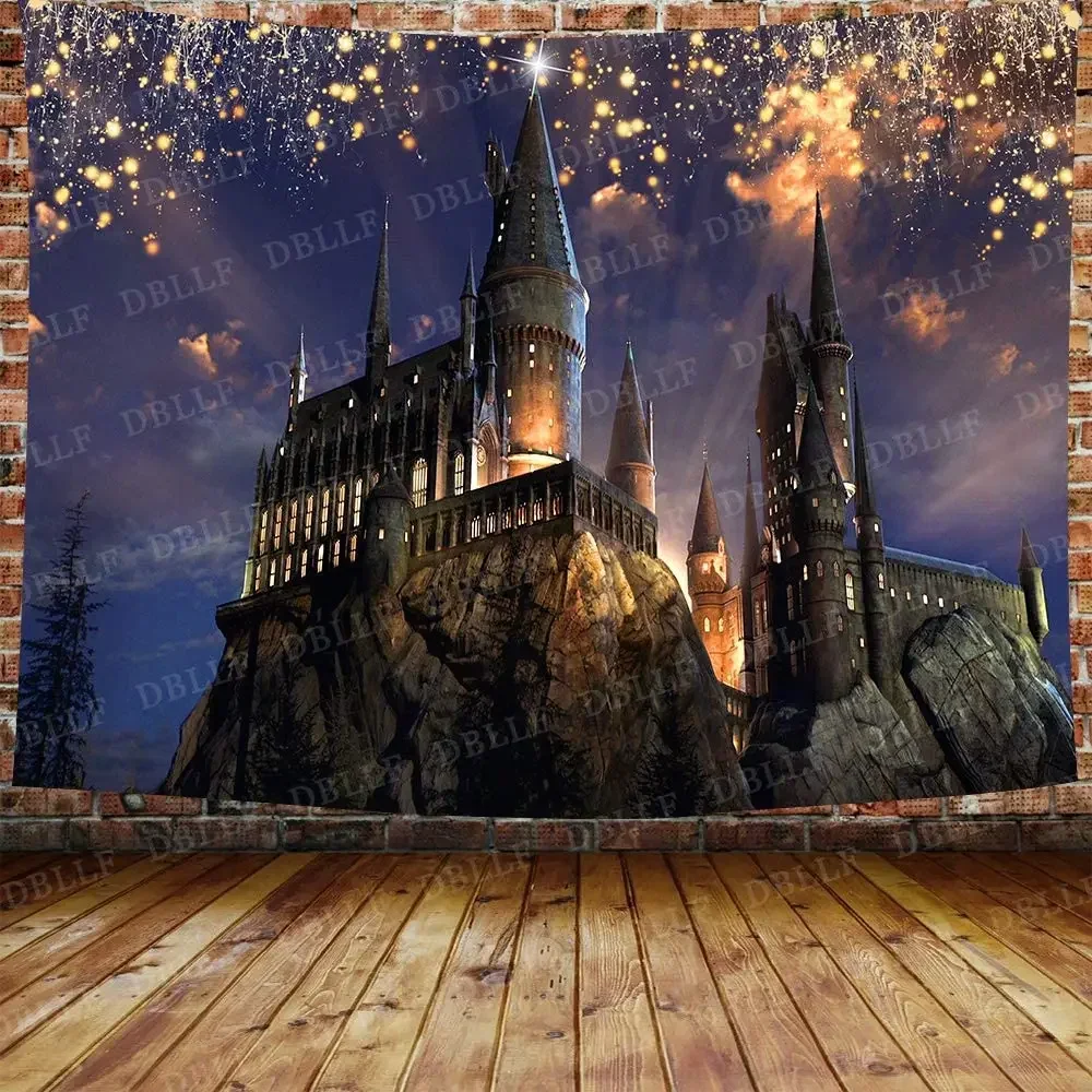 Fantasy Castle Tapestry Gothic Style Ancient Castle Lights Forest Magic Night Scenic Wall Hanging