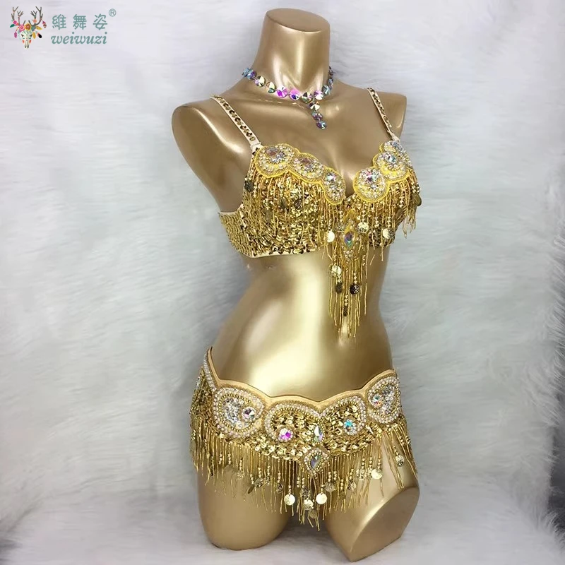 Cintura per reggiseno per costume di danza del ventre orientale 2 pezzi Abbigliamento da ballo ricamato con perline fatte a mano per donne Abiti da ballo egiziani