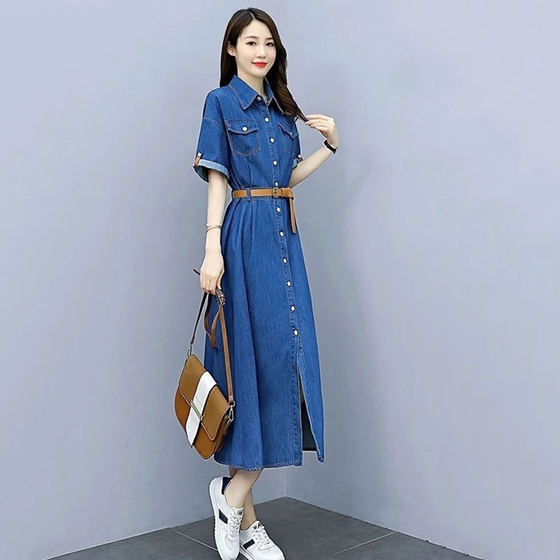 فستان قميص بأكمام قصيرة من قماش الدنيم لصيف 2025 فساتين نسائية غير رسمية على شكل حرف a بخصر جديد