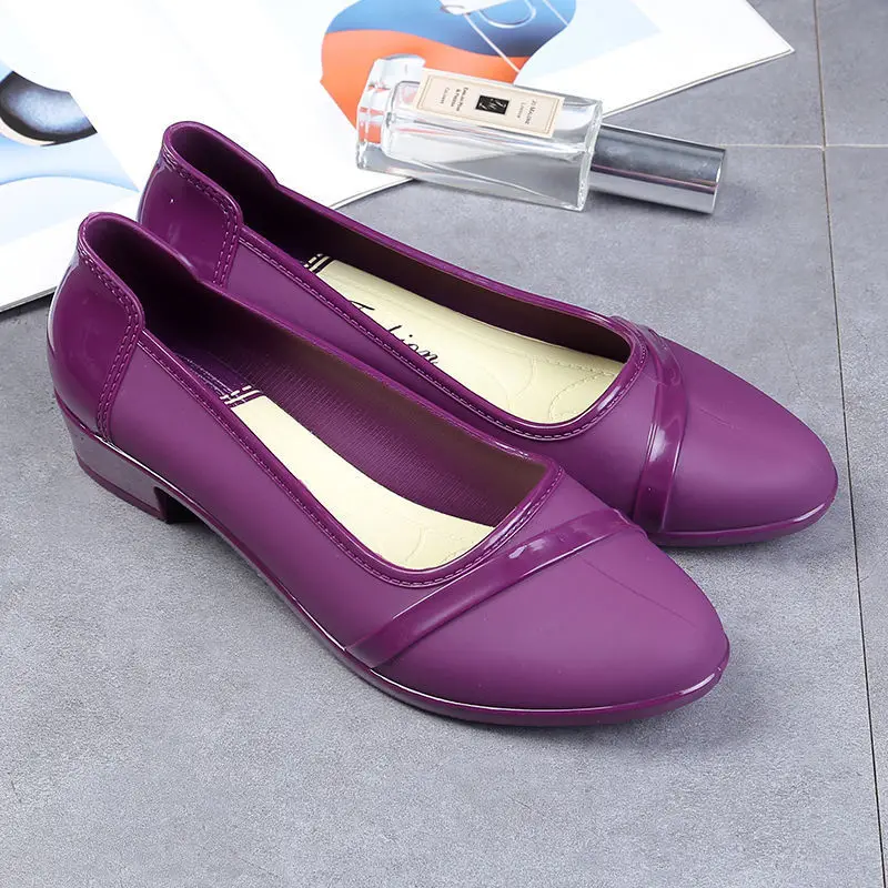 Summer Shallow Mouth Solid Color Low-Heeled Waterproof Women's Rain Boots Kitchen Non-Slip Anti-oil Stain Work Rain Boots 36-40