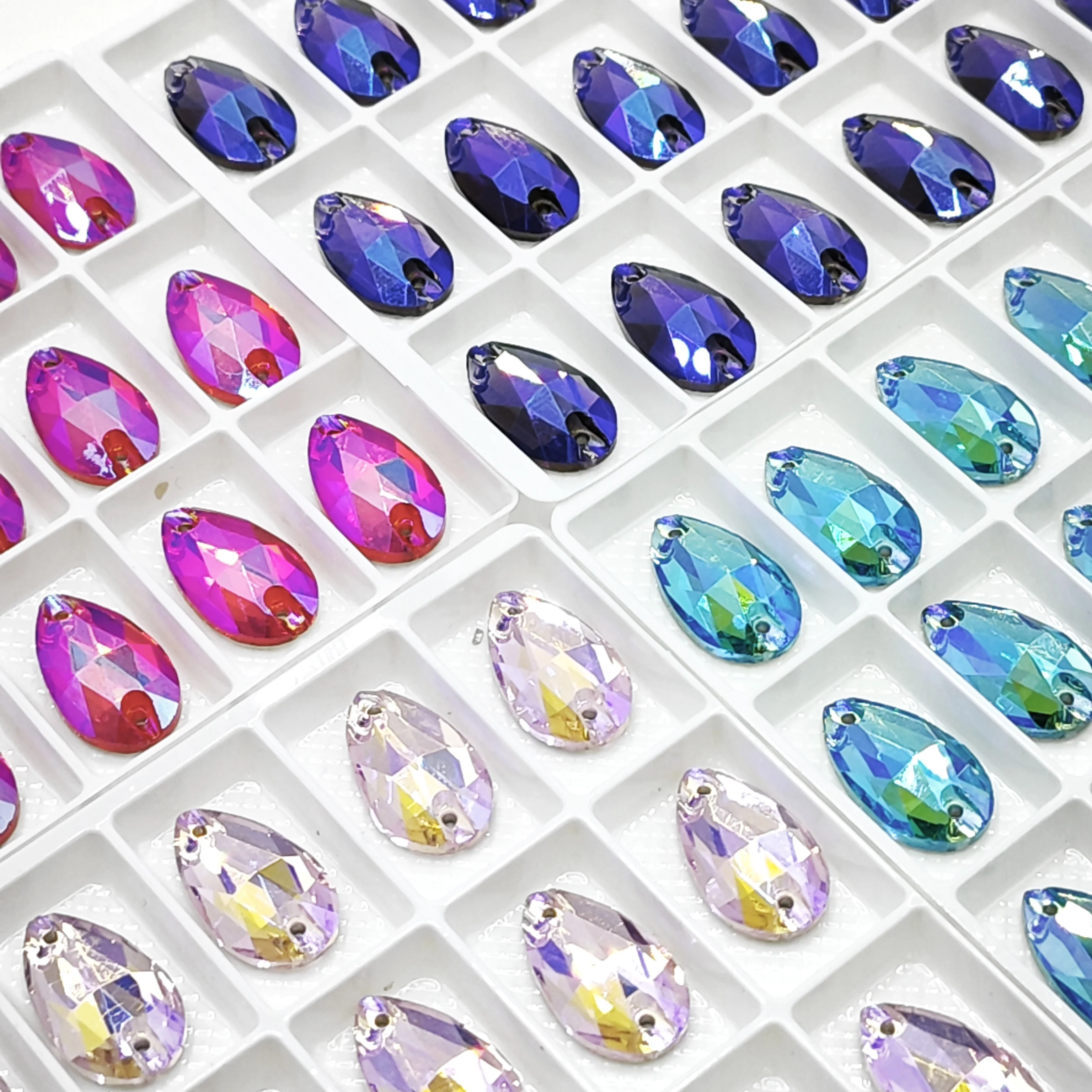 5A Facettierte Glas-Nähsteine in Tropfenform, lose zum Aufnähen, 11*18mm, 24 Stück/Packung, für DIY-Kleidung, Schuhe, Taschen, Nähzubehör