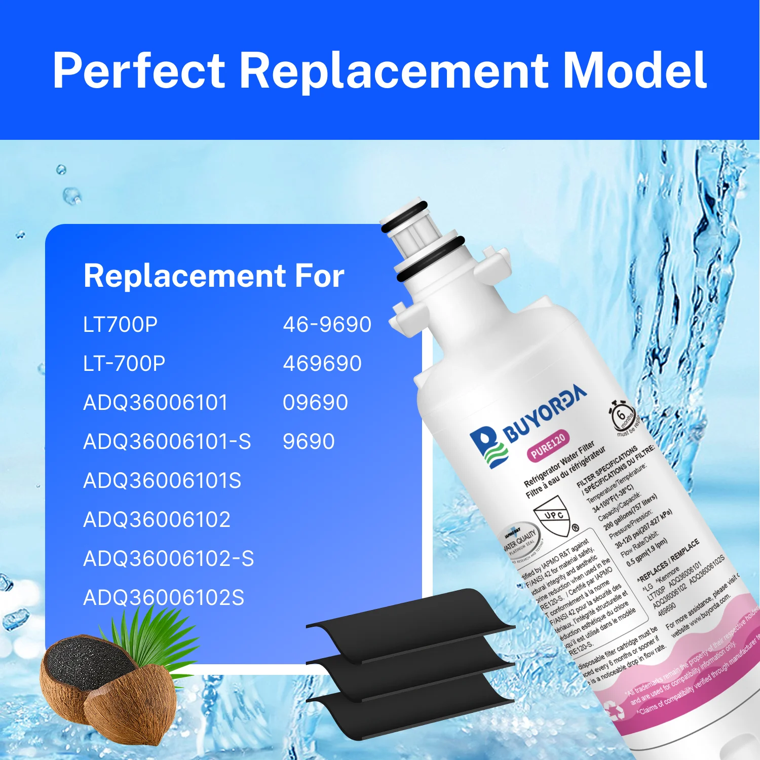 خرطوشة فلتر ماء ثلاجة ADQ36006101 بديلة متوافقة for LG LT700P ولأجهزة for Kenmore Elite 9690 46-9690 و ADQ36006102 RFC1200A WSL-3 FML-3 إزالة الطعم والرائحة