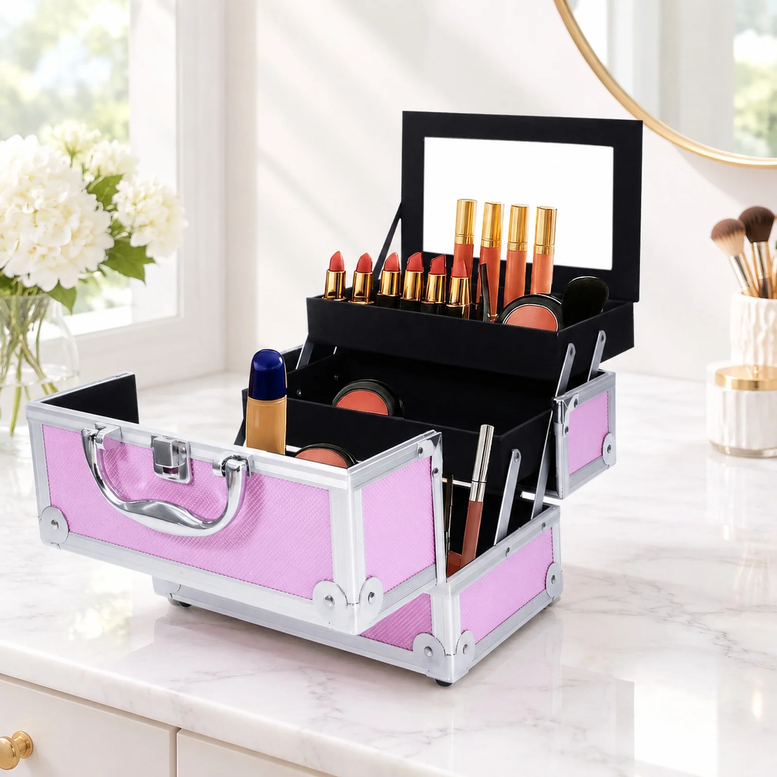 SM-2176 Aluminum Makeup Train Case Jewelry Box Cosmetic Organizer with Mirror 9