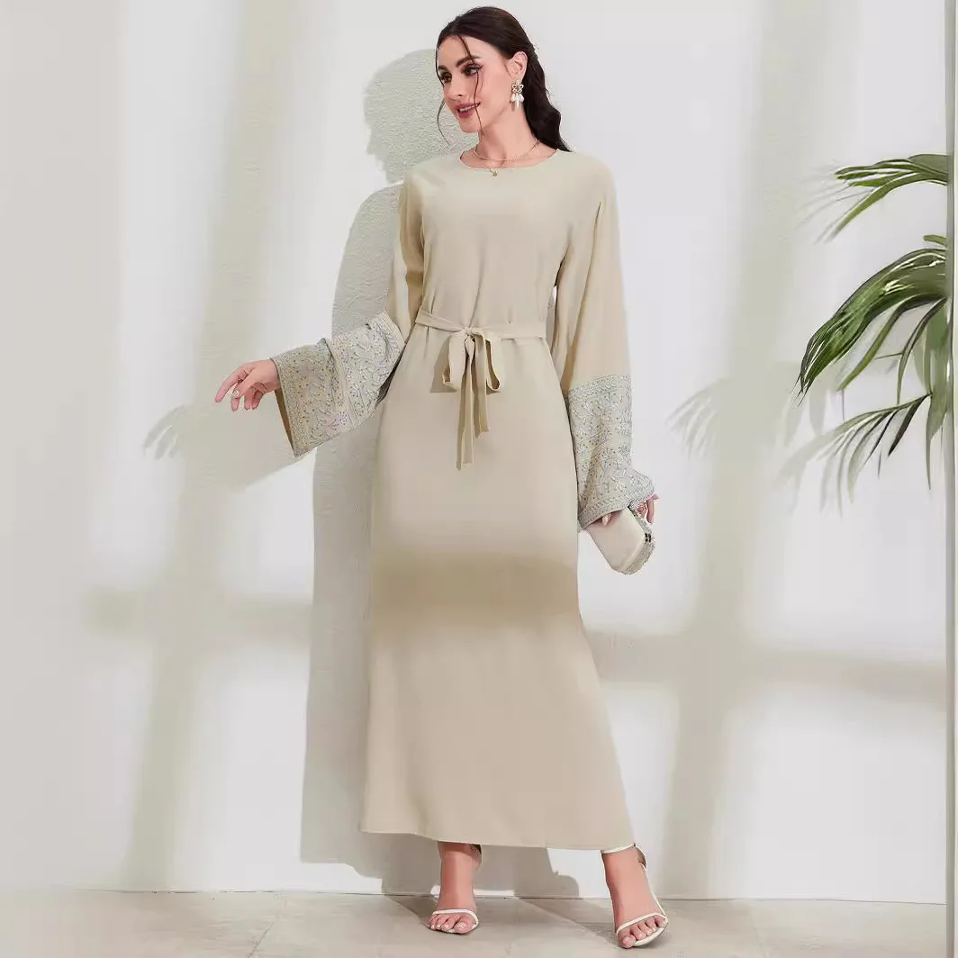 2025 Middle East Muslim New Fashion Women's Solid Color Elegant Casual Trendy Long Sleeve Sashes Ankle Length Dresses Female