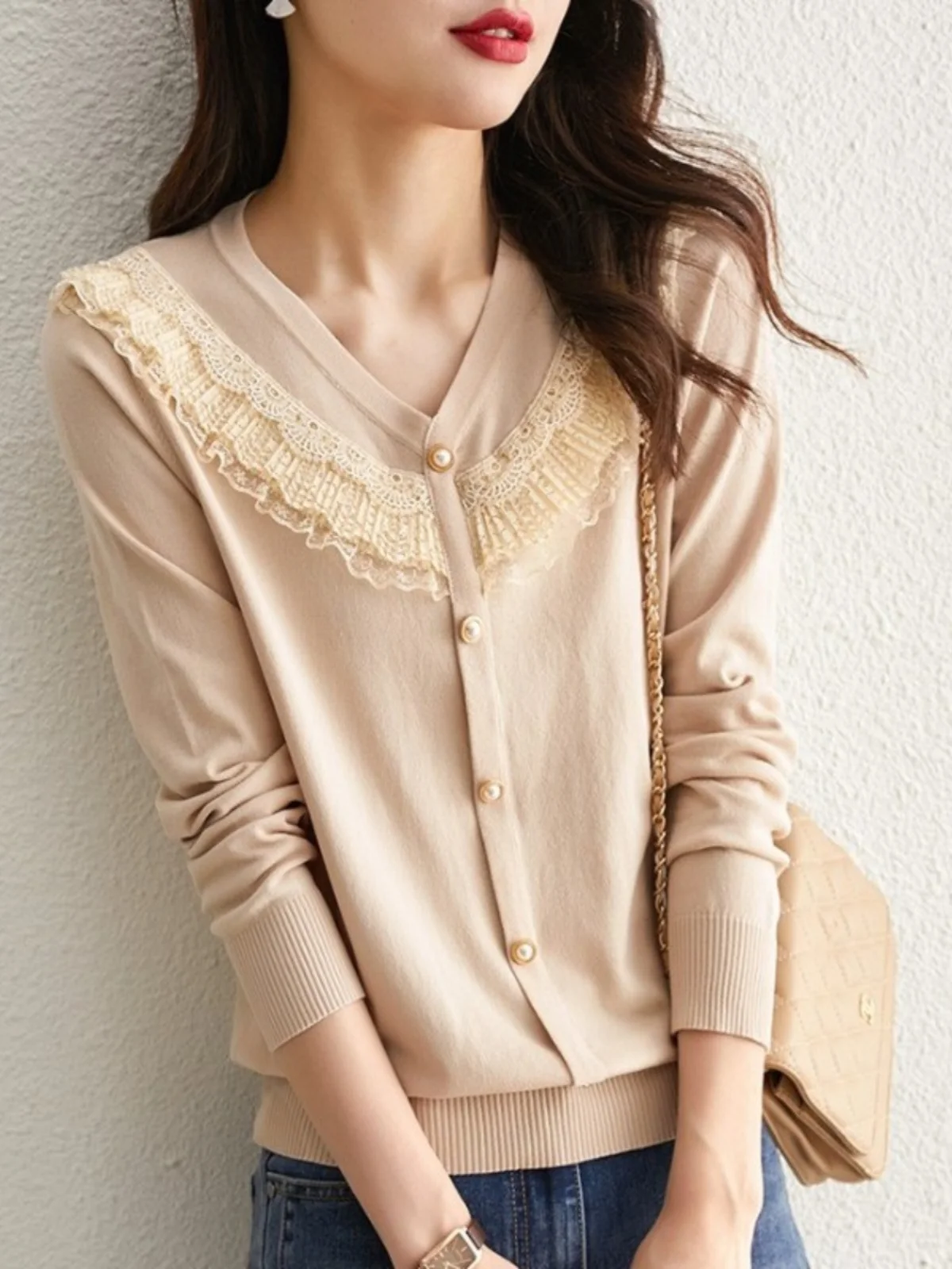 Oule Women's Lace Trim V-neck Knitwear Long Sleeve H-shaped Slimming Soft Top Sweet Style Loose Fit Thin Material