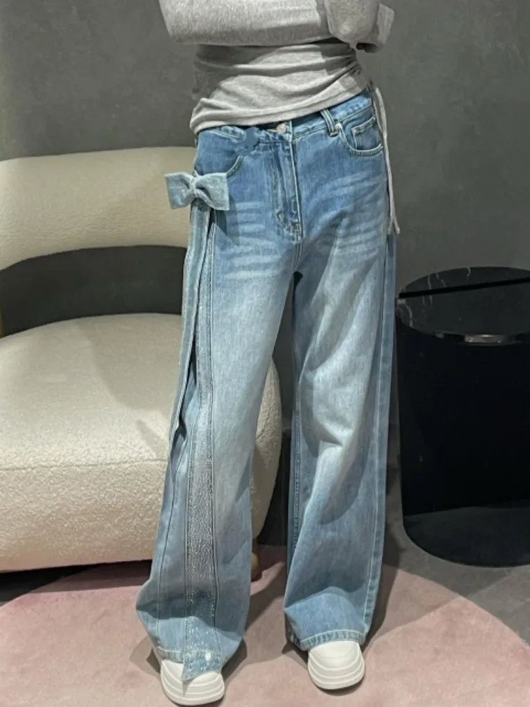 

Spring 2026 New Korean Style Casual Knot Water Diamond Straight Leg Jeans Women's Wear Resistant Natural Waist Jeans