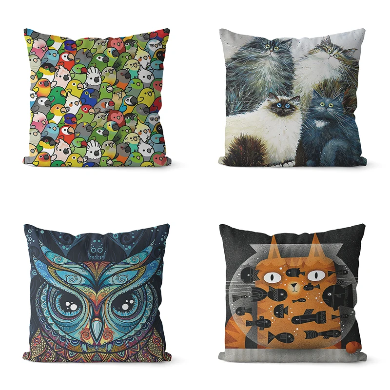 

Cute Cartoon Animal Cat Owl Bird Print Sofa Square Pillowslip Soft Polyester Cushion Cover Pillowcase Living Room Home Decor